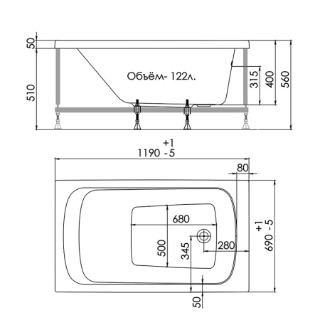 Акриловая ванна Тритон Gamma 120x70х56