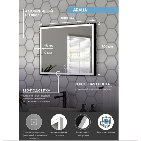 Зеркало Aralia LED 100x70 ЗЛП446, cенсорный выключатель, холодная подсветка