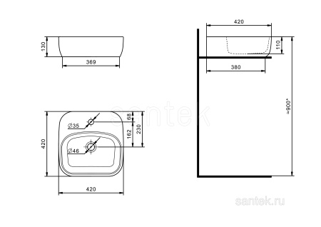 Раковина Santek Одри Soft 420х420 отверстие под смеситель 1WH501709