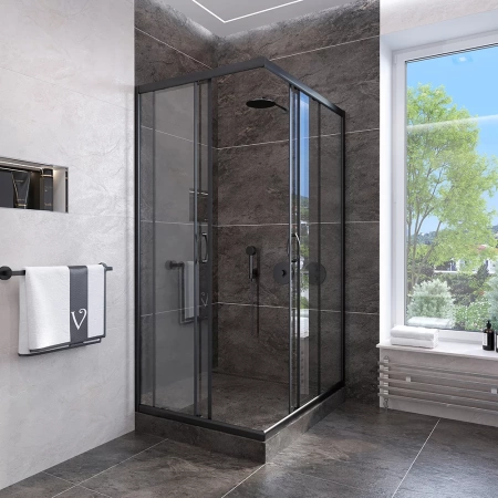 Душевой уголок Veconi Rovigo RV-113B, 80x80x185, черный, стекло прозрачное