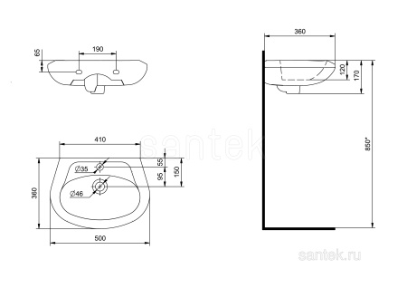 Раковина Santek Бриз 50 отверстие под смеситель 1WH110451