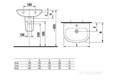 Раковина Roca Access 500x410, 1 отверстие ZRU9307608
