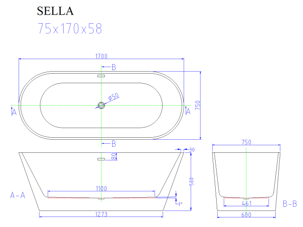 Акриловая ванна Cerutti Spa Sella 170х75
