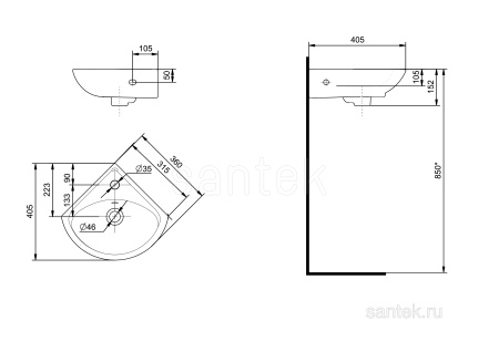 Раковина Santek Ирис 36 отверстие под смеситель 1WH110514