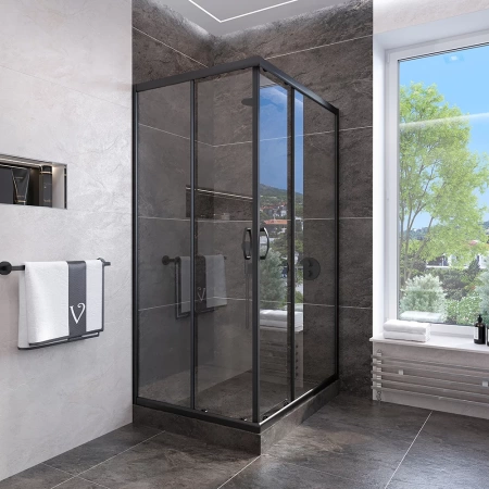 Душевой уголок Veconi Rovigo RV-113B, 90x90x185, черный, стекло прозрачное