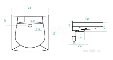Раковина Santek Пилот 50 отверстие под смеситель 1WH110569