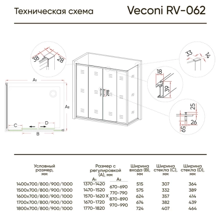 Душевой уголок Veconi Rovigo RV-062, 170x90x190 хром, стекло прозрачное